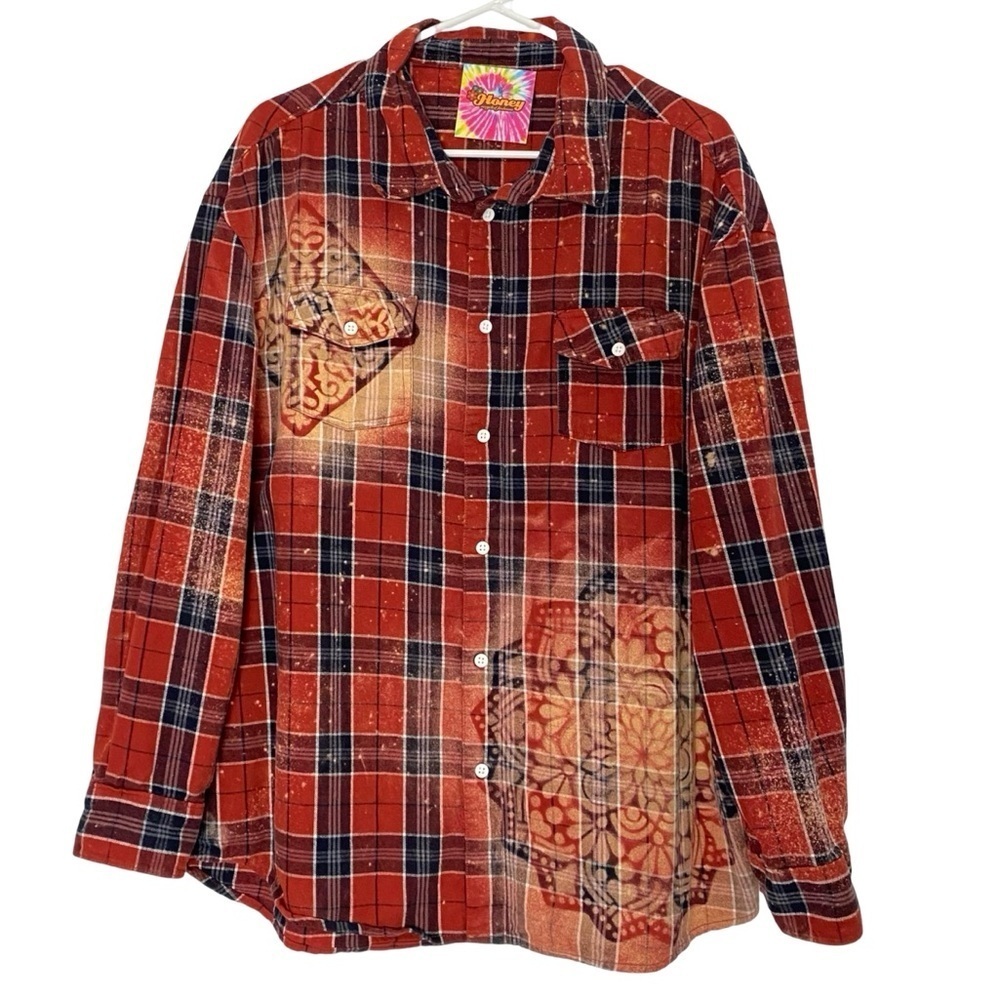 Handmade Floral Flannel Shirt Mens Size XL Unisex Bleached Plaid Button Down
